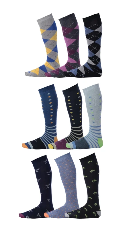 Pierre Henry Over the Calf Socks for Men (9 pairs) | Cotton Over the Calf Dress Socks | Long Socks Designed to Stay up 12+ hr | Stacked (Size 38-44) (9-pairs)