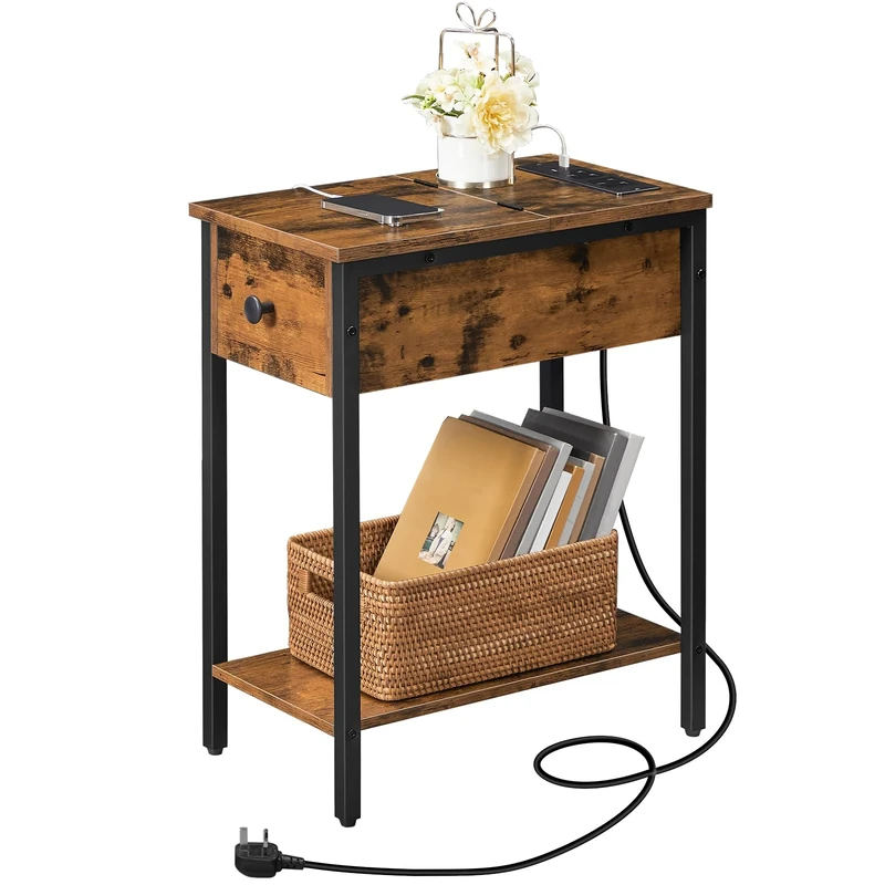 HOOBRO Side Table, Slim Bedside Table with Charging Station, USB Ports and Power Outlets, Nightstand for Living Room, Bedroom, Flip Top, Rustic Brown and Black EBF348KBZ01