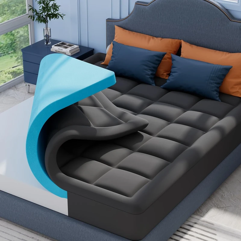 ELEMUSE Gray Memory Foam Mattress Topper with Fluffy Pillow Top Cover, Mattress Topper Kingsize Bed for Back Pain Relief, with OEKO-TEX & CertiPUR-US (King-150x200cm)