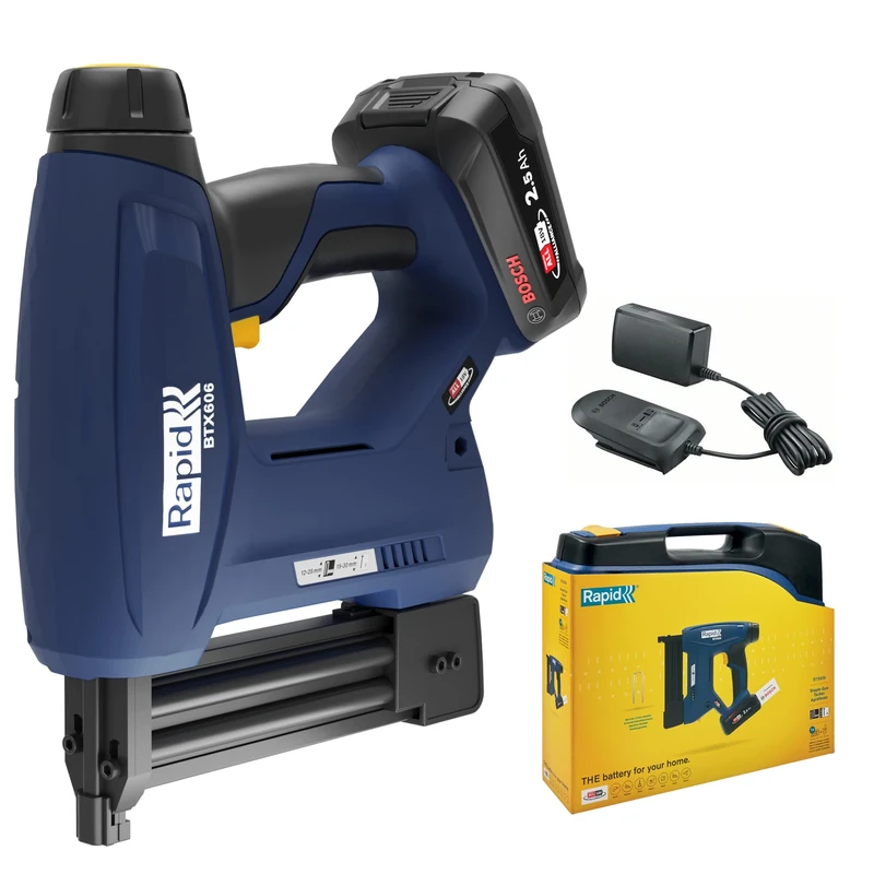Rapid BTX606 18V Battery-Powered Staple Gun Kit, Cordless Heavy Duty Stapler for Hard and Soft Wood DIY, Takes Narrow Crown Staples and Brads, Includes 2.5Ah Battery, Charger & Case (5001503)