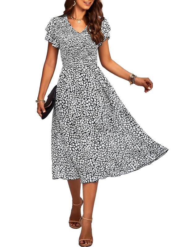 BTFBM Women Casual Summer Short Ruffles Tiered Sleeve Smocked Midi Dresses Bohemian Floral V Neck Wedding Guest Long Dresses, Floral Black, L