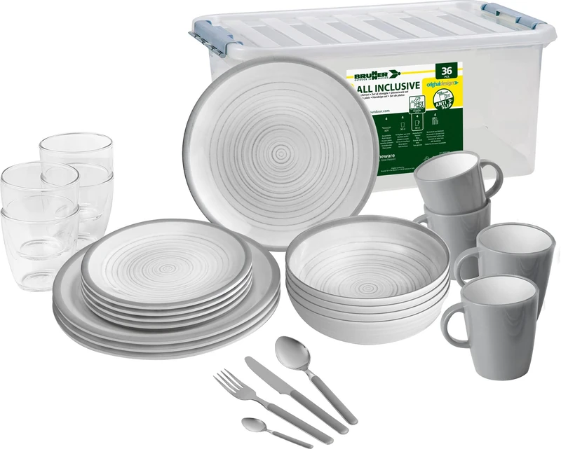 BRUNNER 0830154N.C4X Set Plates, Glasses, Unbreakable Cups in Melamine Stonetouch 36 Pcs, All Inclusive Bellagio, Antislip, Long Lasting Use Indoor Outdoor