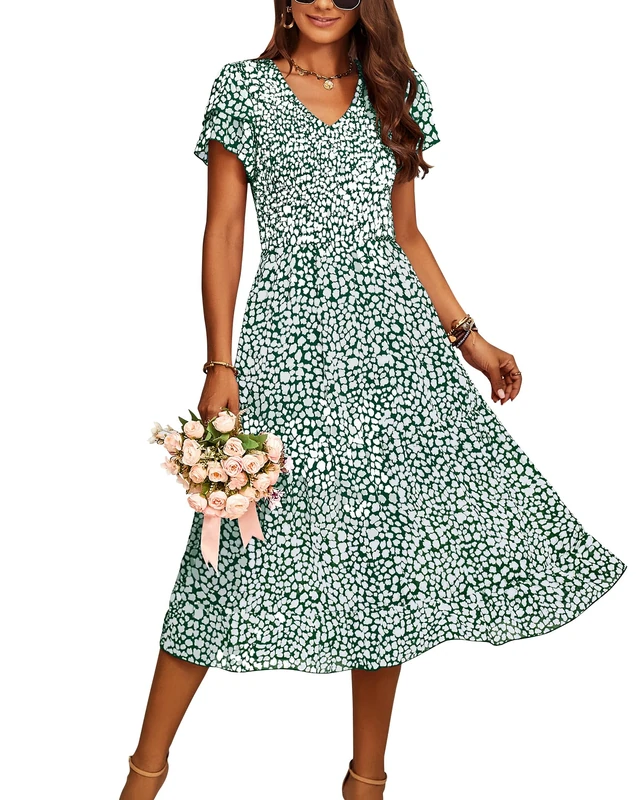 BTFBM Women Casual Summer Short Ruffles Tiered Sleeve Smocked Midi Dresses Bohemian Floral V Neck Wedding Guest Long Dresses, Floral Dark Green, L