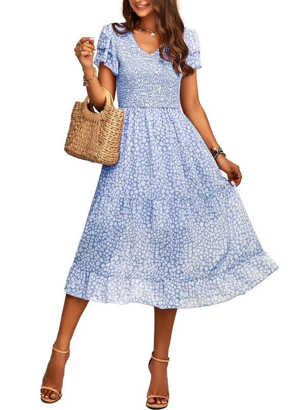 BTFBM Women Casual Summer Short Ruffles Tiered Sleeve Smocked Midi Dresses Bohemian Floral V Neck Wedding Guest Long Dresses, Floral Blue, S