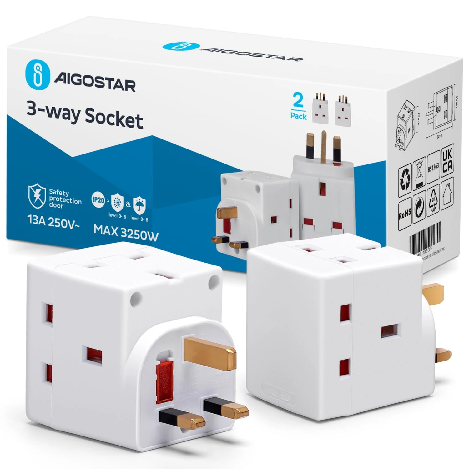 3 Way Plug Adapter UK, Aigostar 3 Pin Plug Adapter 3 Way 13Amp Wall Socket Adapter, Multi Plug Extender Socket Splitter Extension Block for Kitchen, Home, Office, White