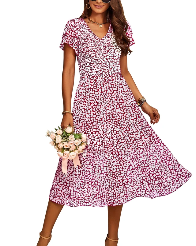 BTFBM Women Casual Summer Short Ruffles Tiered Sleeve Smocked Midi Dresses Bohemian Floral V Neck Wedding Guest Long Dresses, Floral Wine Red, M