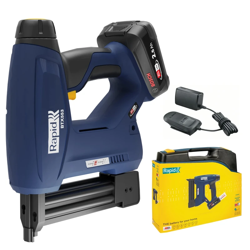 Rapid BTX553 18V Battery-Powered Staple Gun Kit – Cordless Upholstery & Craft Stapler, Finewire Staples and Brads, Heavy Duty & Portable, Includes 2.5Ah Battery, Charger & Case (5001507)