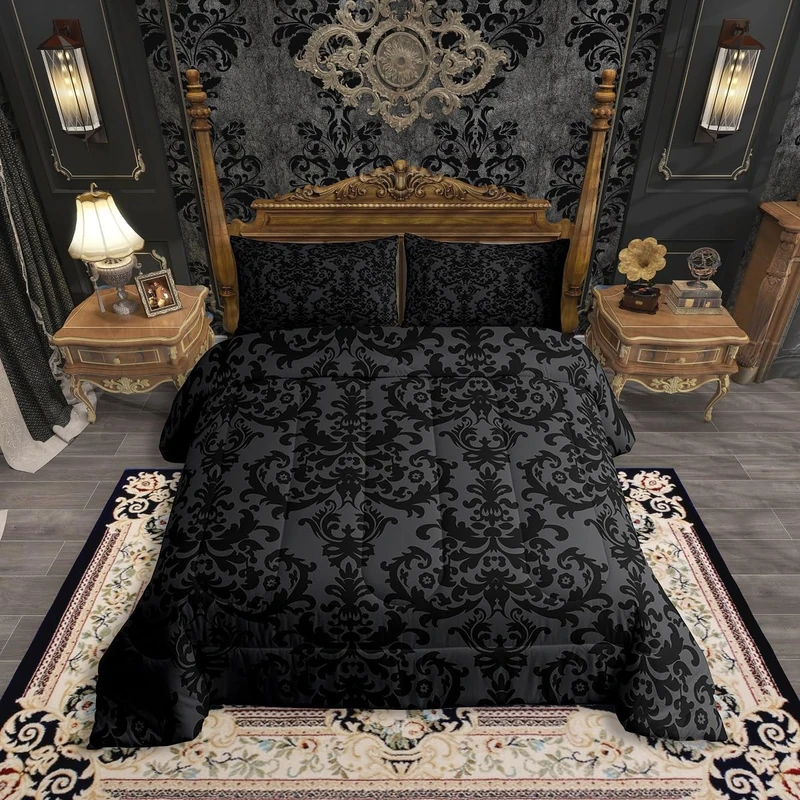 Erosebridal Adults Black Damask Bedding Set Antique Victorian Baroque Down Comforter Full Gothic Vintage Floral Comforter Set Bohemian Exotic Bedding Quilted Grey Bedroom Decor 2 Pillow Cases