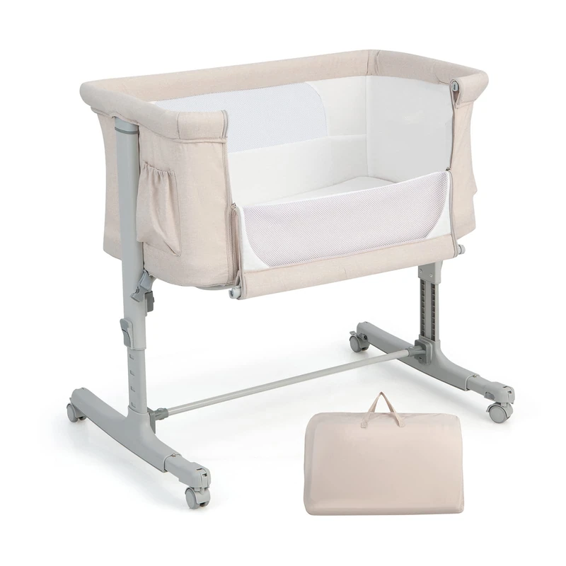 GYMAX 3-in-1 Baby Beside Crib with Height & Angle Adjustable (Beige)