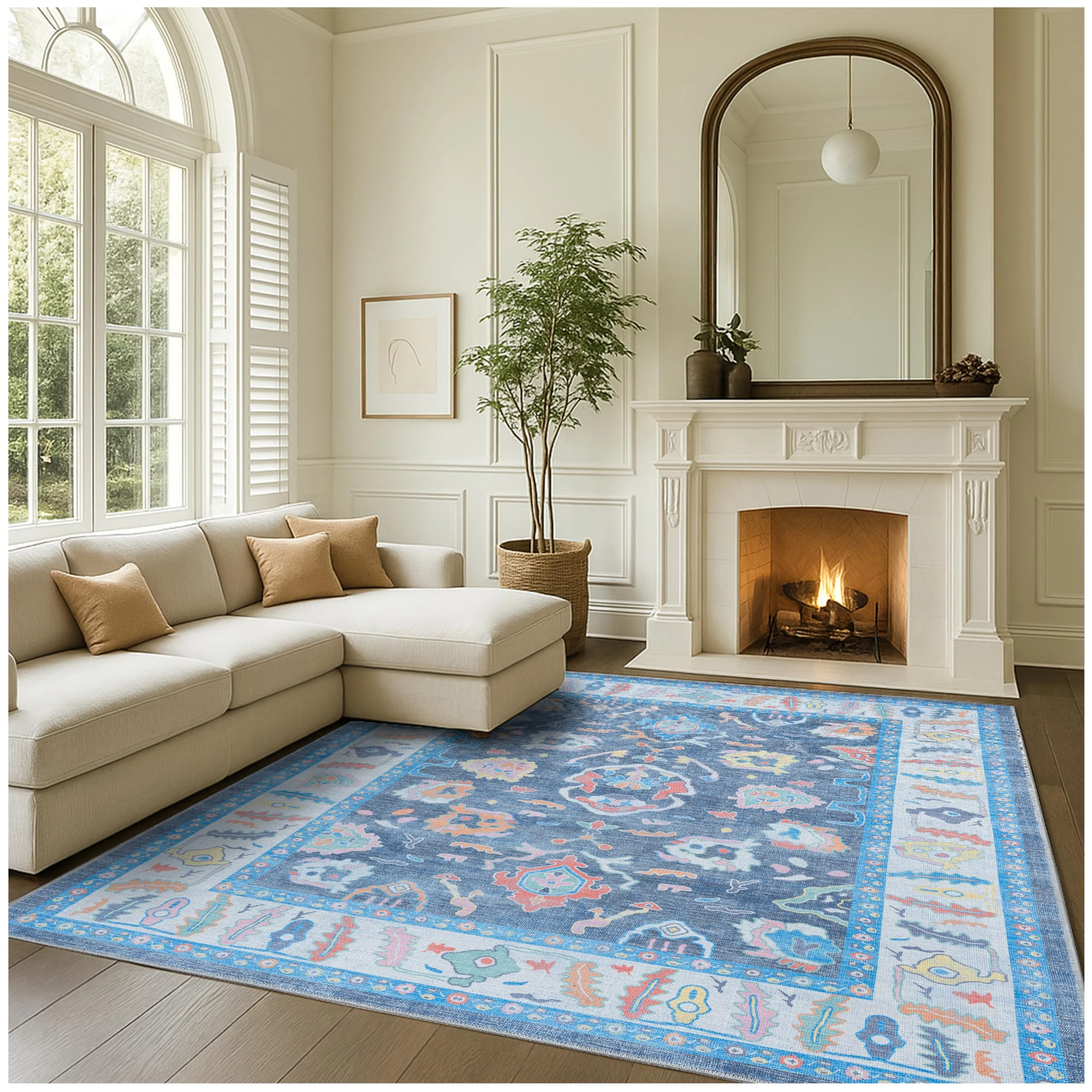 Fame Rugs Blue Modern Oushak Rug 9x12, Vintage Turkish Colorful Oriental Washable Antique Inspired Oversize Area Rugs, Luxury Living Room Bedroom (386PBL, 9' x 12) (387BNB, 9' x 12)