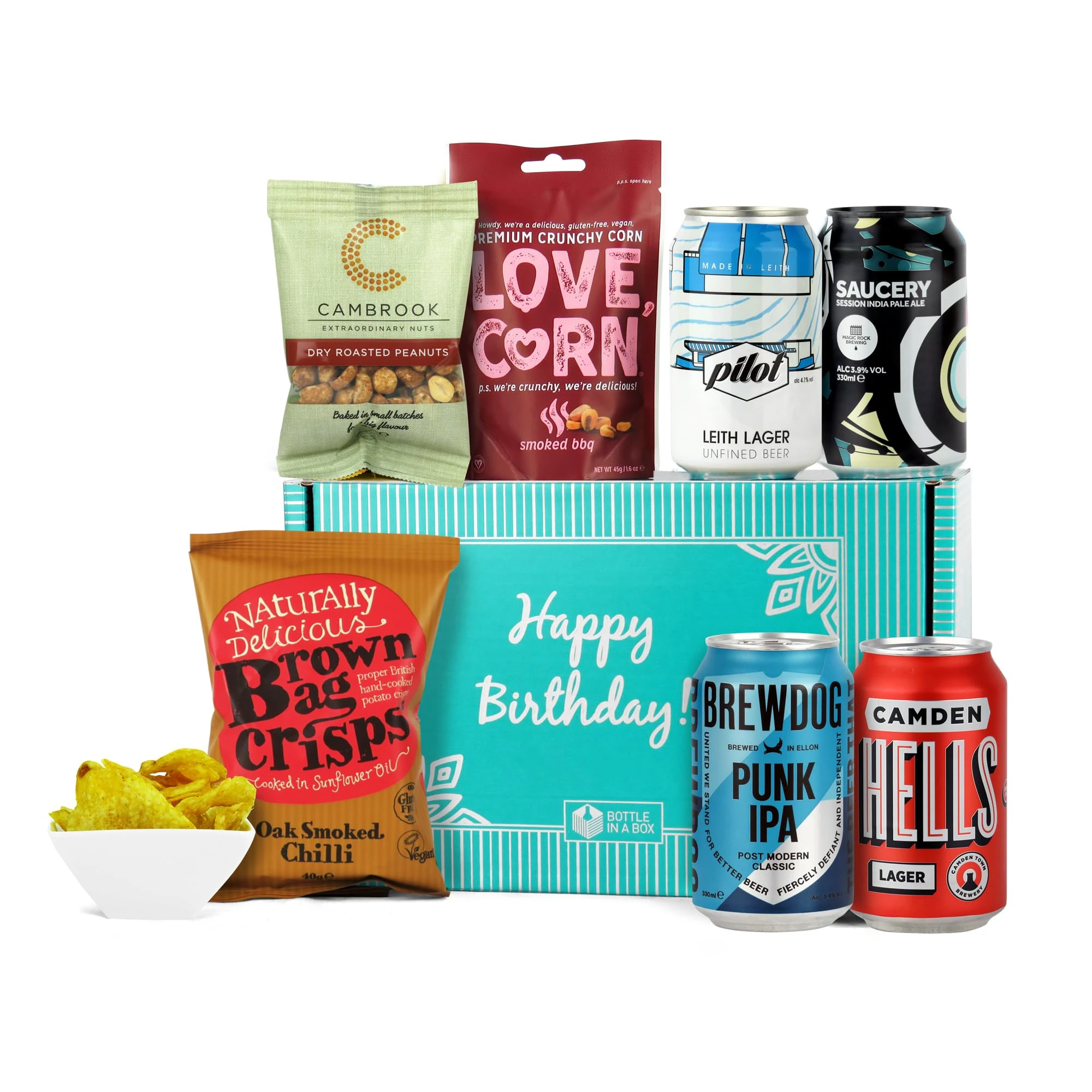 Bottle In A Box Happy Birthday Craft Beer Gift Set Hamper | Variety Selection Set of 4x330ml Beers Plus Snacks in a Birthday Gift Box