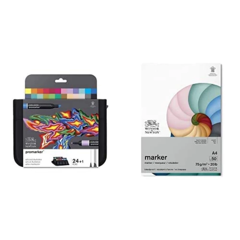 Wüsthof W&N Promarker Set, 25pc Graphic Markers with Fine Bullet & Broad Chisel Nibs, Multisurface Use, Bleedproof A4 Paper Pad (75gsm, 50 Sheets), Art Set