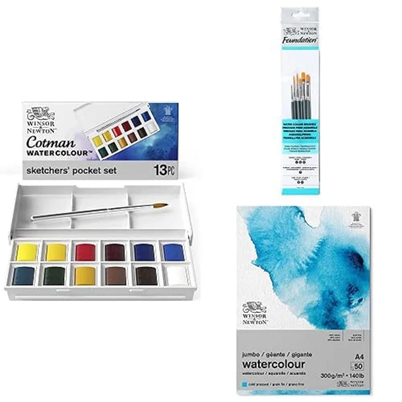 Winsor & Newton Snazaroo Cotman Watercolour Set, 13pcs + 6pcs Brush Set + A4 Paper Pad