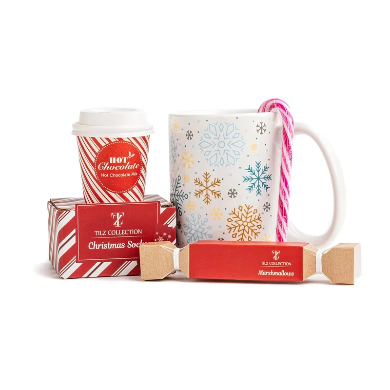 Hot Chocolate Gift Set With Mug - Hot Chocolate Set With Hot Chocolate Sachets - Mini Marshmallows, Candy Canes, Travel Cup -Gifts for Women, Mens Gifts -Vegan Chocolate Gift Set (WITH SOCKS)