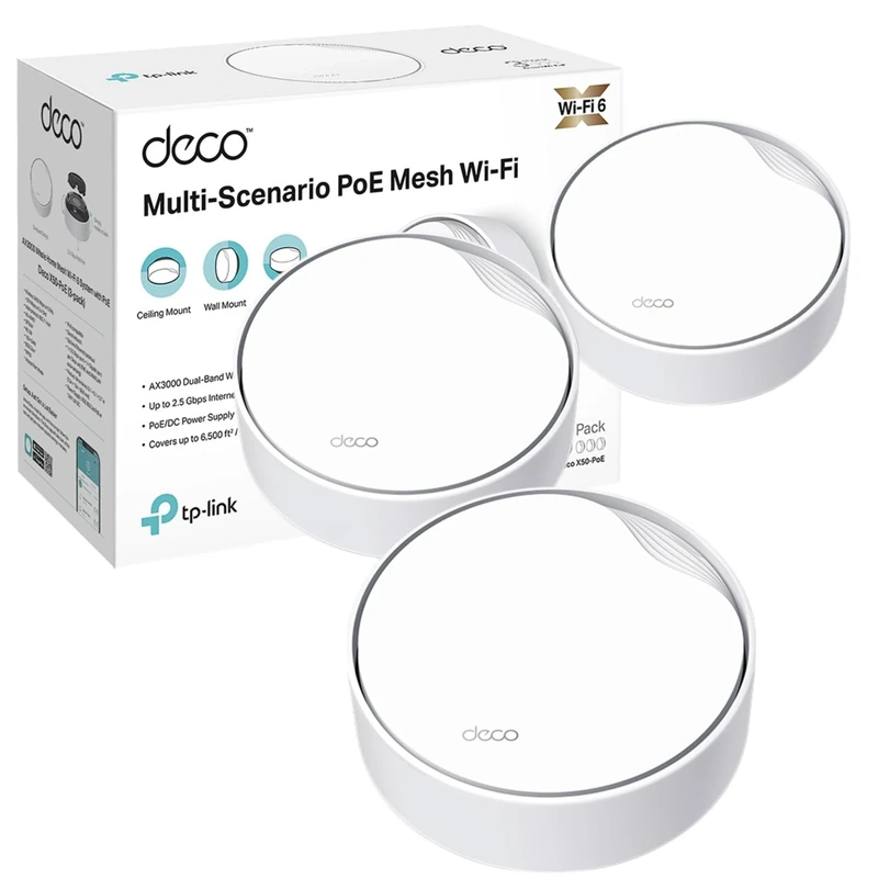 TP-Link Deco X50-PoE(3-pack) AX3000Mbps Mesh WiFi 6 System with PoE, 2.5 GbE Port, AI-Driven WiFi Booster Router covers up to 600m2, Connect up to 150 devices, 1.0 GHz Dual-Core CPU, HomeShield