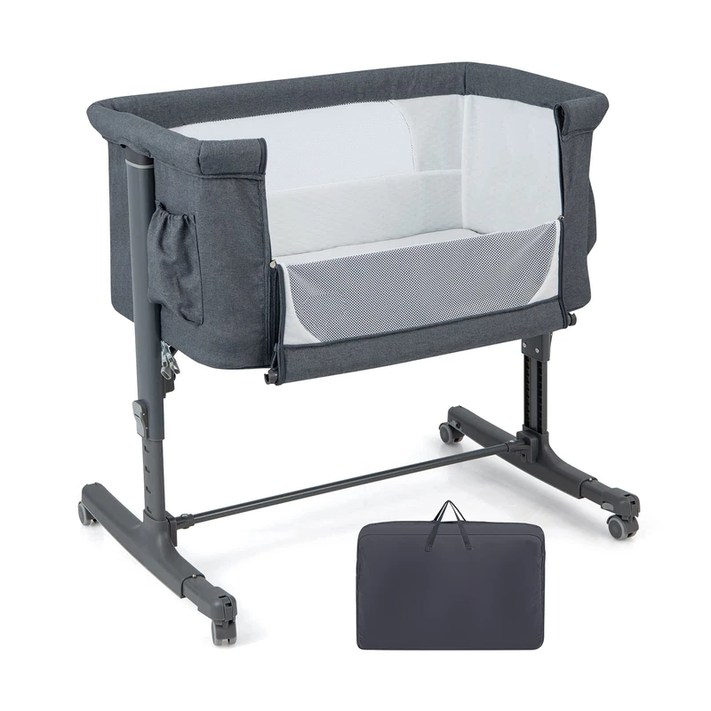 GYMAX 3-in-1 Baby Beside Crib, Mesh Window Side Bassinet (Gray) - Image 1