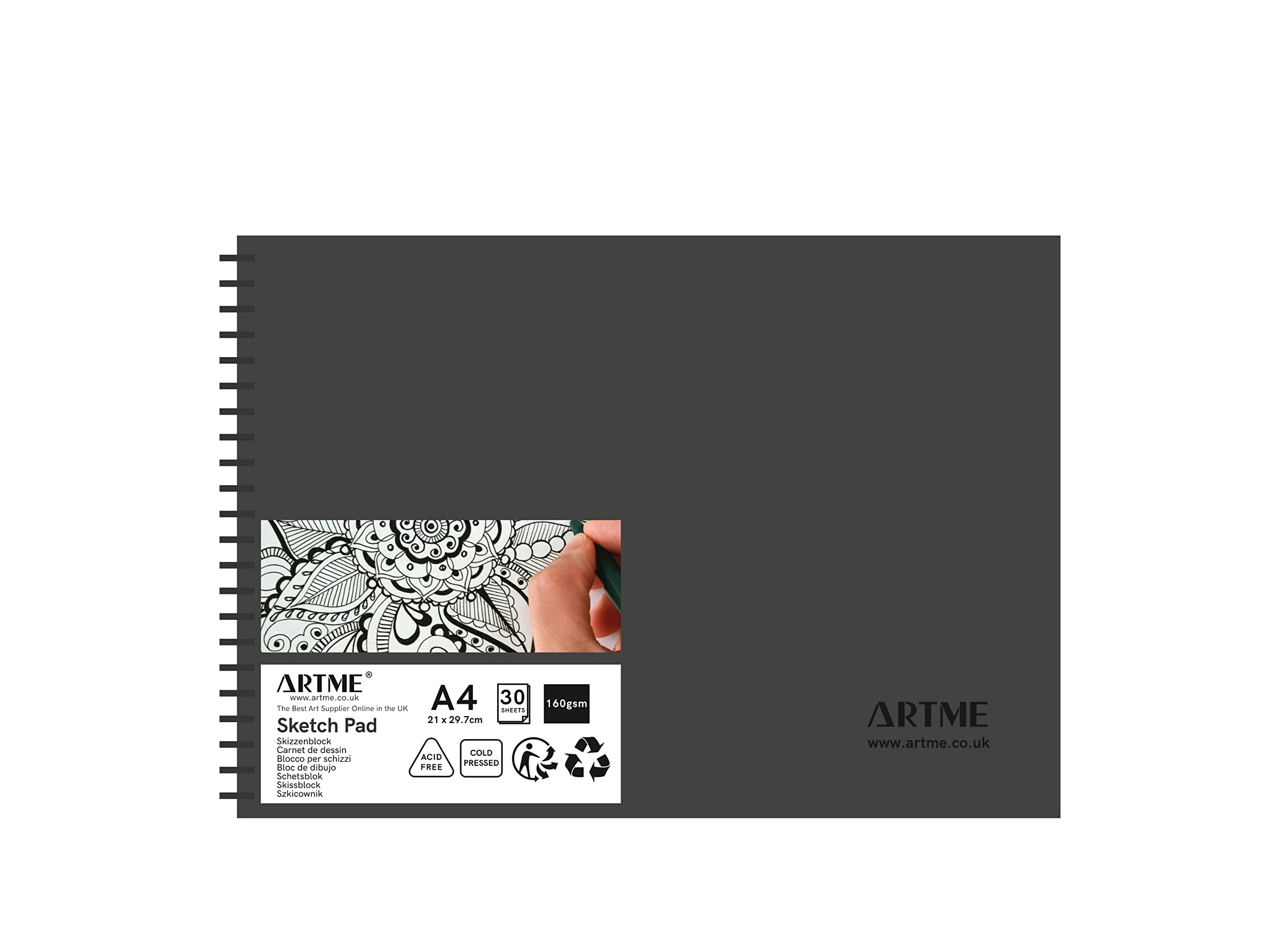 Artme A4 Sketchbook 1pcs, Sketch Pad 30 Sheets 160gsm, Spiral Bound, Landscape