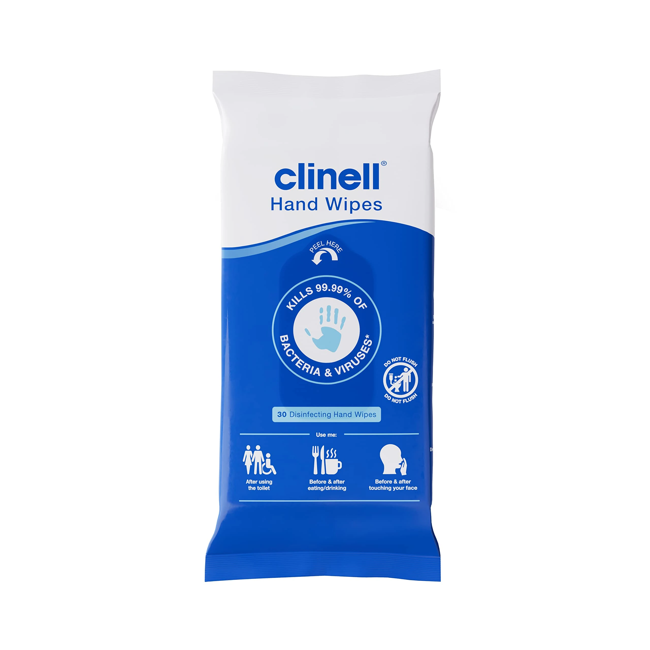 Clinell Antimicrobial Hand Wipes - Sanitising for Cleaning & Disinfecting, Travel-Friendly - Dermatologically Tested, Kills 99.99% of Bacteria & Viruses - Pack of 30, Blue