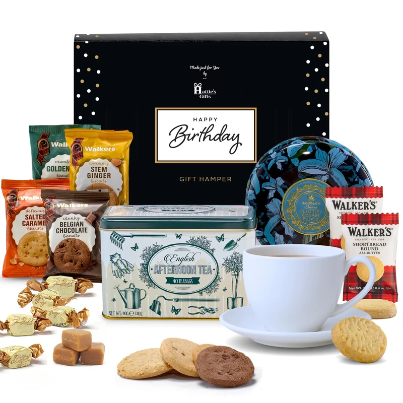 Luxury Birthday Afternoon Tea Hamper – Hattie’s Gifts English Tea Gift Set with Clotted Cream Fudge & Shortbread – Gourmet Food Happy Birthday Gift Box
