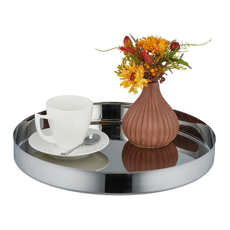 Relaxdays Serving Tray, Round, Modern, with Raised Edge, for Breakfast in Bed, 4 x 35 cm, Decor, Stainless Steel, Silver