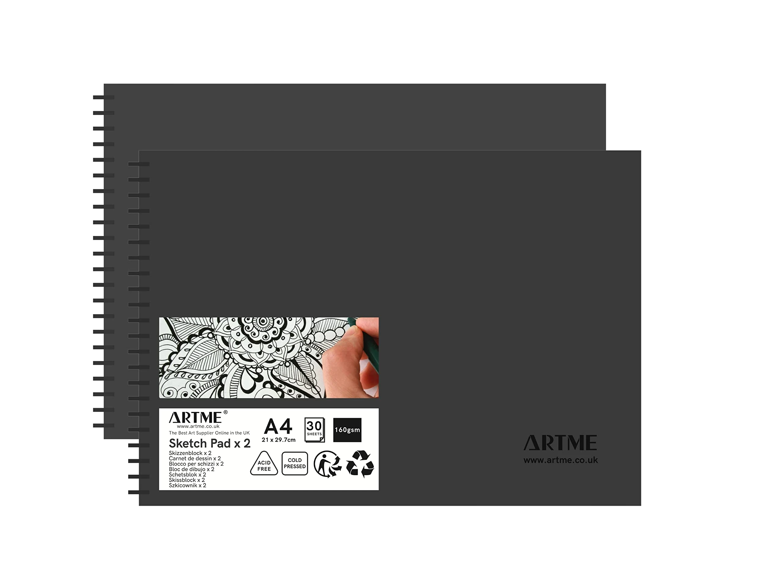 Artme A4 Sketchbook 2pcs Sketch Pad 30 Sheets 160gsm, Spiral Bound, Landscape