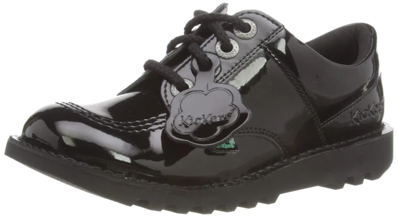Kickers Girl's Kick Lo Leather Alternative Patent School Uniform Shoe | Smart Everyday School Look | Everyday Comfort Fit, Cushioned for All-Day Wear, Black, 1 UK Child