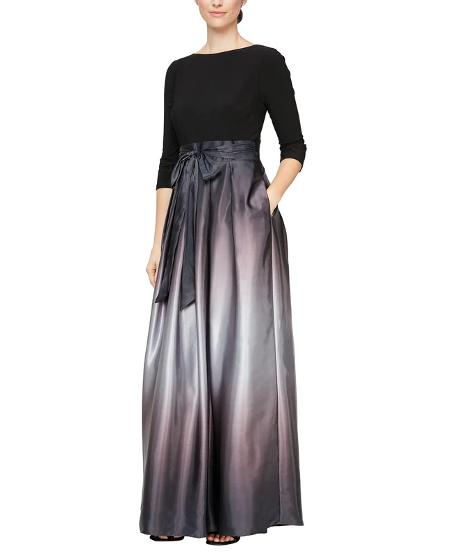 S.L. Fashions Women's Long Satin Party Dress 3/4 Sleeve and Sleeveless Has Pockets Special Occasion, Black and Silver, 22