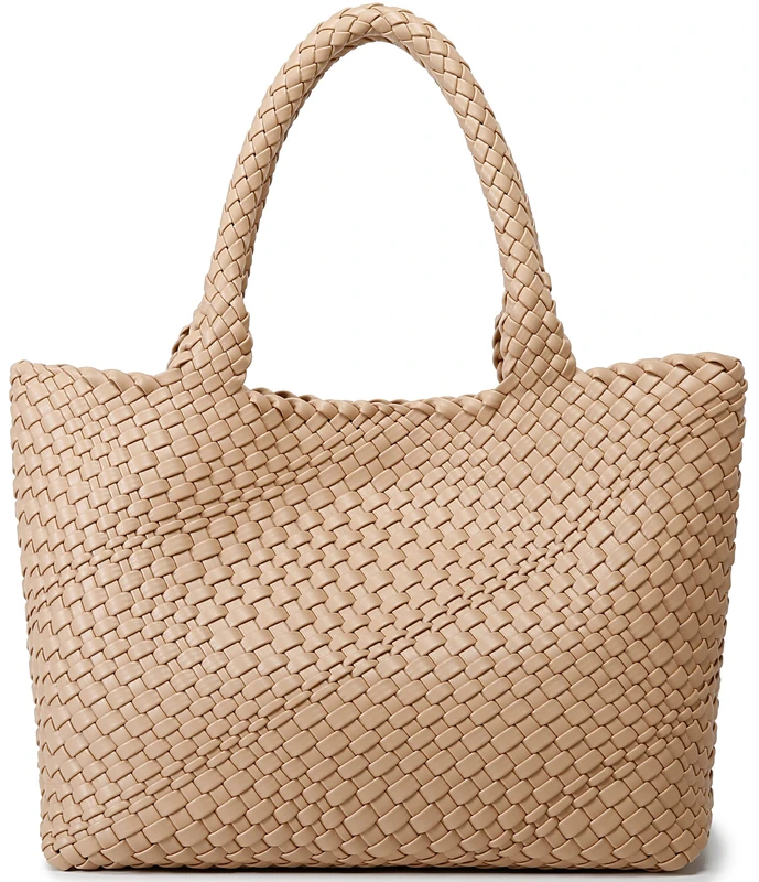 Woven Bag for Women, Fashion Top Handle Shoulder Bag Vegan Leather Shopper Bag Large Travel Tote Bag, Apricot