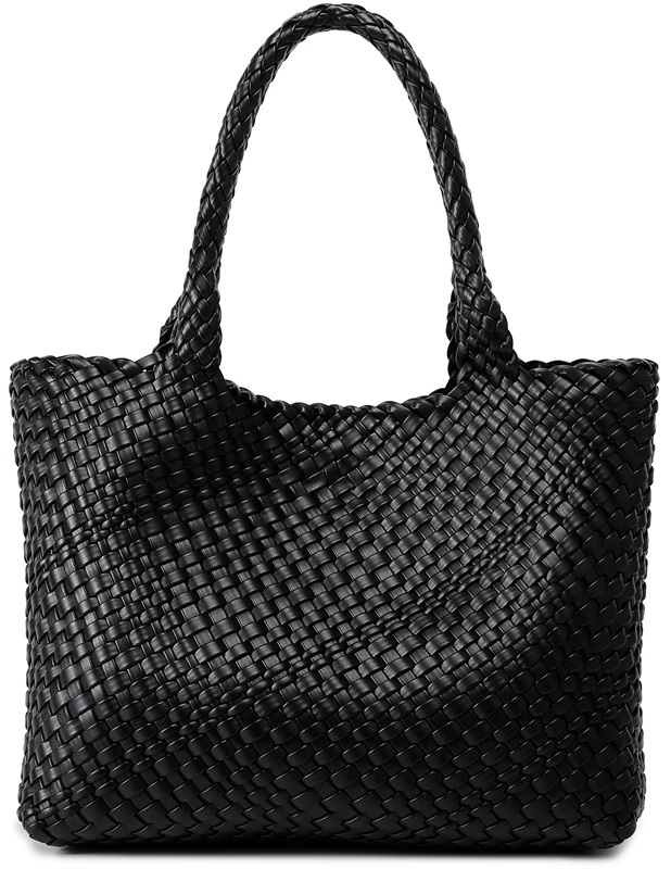 Queenoris Woven Bag for Women, Fashion Top Handle Shoulder Bag Vegan Leather Shopper Bag Large Travel Tote Bag, Black, M
