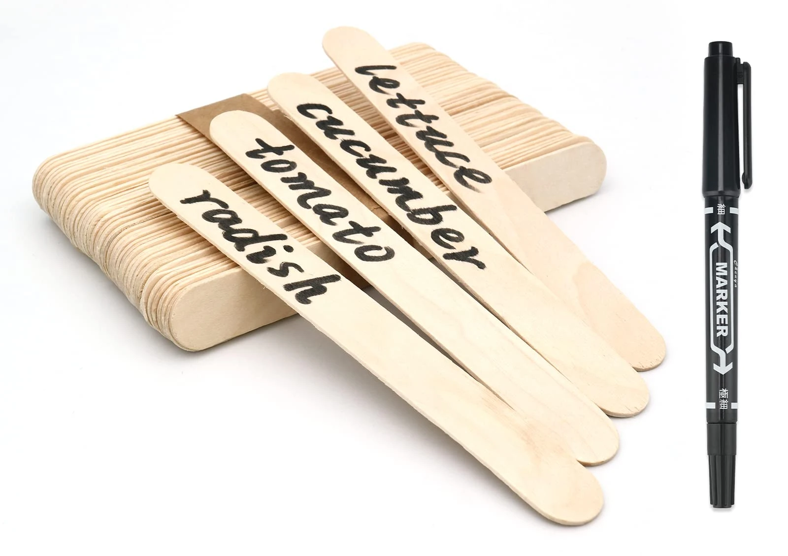 KINGLAKE 50Pcs Wooden Plant Labels with a Marker Pen, Wooden Plant Markers Sign Garden Labels Tags for Potted Plants Herb Seed Vegetable Flowers (15x1.6cm)