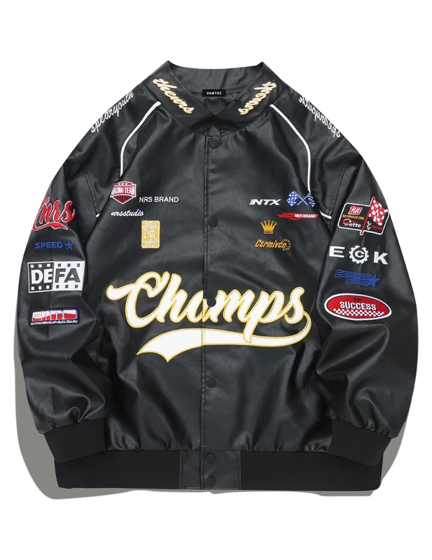 Vamtac Faux Leather Motocross Jackets Oversized Vintage Racing Varsity Bomber Coat Unisex Trendy Streetwear, Black, S