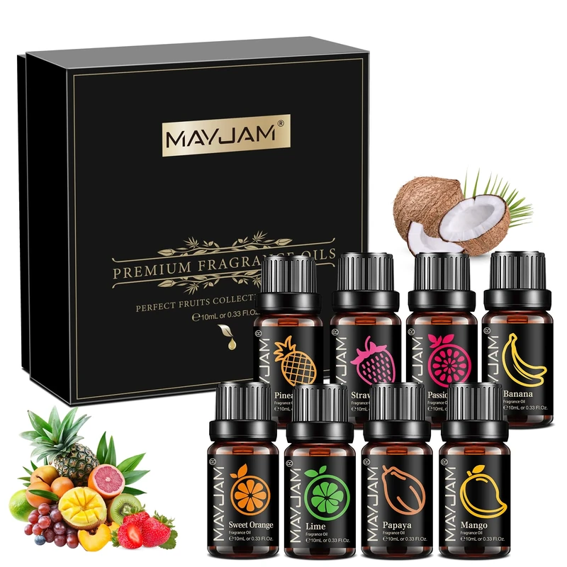 MAYJAM Fruity Fragrance Essential Oils Set 8 x 10ML, Fruits Scented Oils for Diffuser - Sweet Orange/Strawberry/Mango/Pineapple/Papaya/Lime/Banana/Passion Fruit
