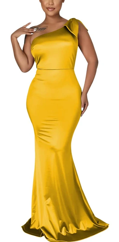 JTNFairy Women's Sexy Ruffle Sleeveless One Shoulder Bodycon Dresses Classy Pencil Curvy Party Evening Long Formal Dress, 507yellow, M