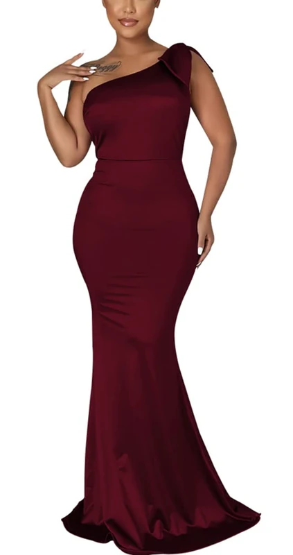 JTNFairy Womens One Shoulder Elegant Dresses Formal Evening Cocktail Long Maxi Wedding Party Dress Burgundy, 507burgundy, X-Large