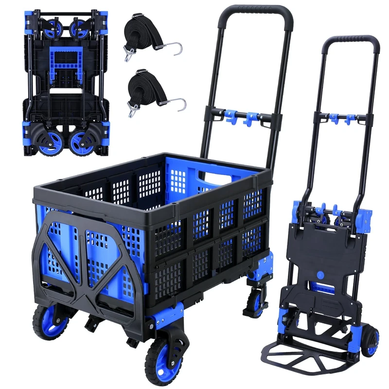 2 in 1 Folding Hand Truck with Foldable Basket, 150kg, Heavy Duty Portable Trolley with Telescopic Handle and 4 Rubber Wheels, Hand Trolley for Luggage, Shopping, Moving House, Travel, Office