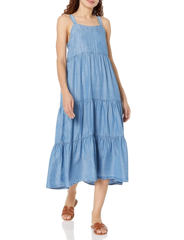 The Drop Women's Britt Tiered Maxi Tent Dress, Tencel Chambray, L
