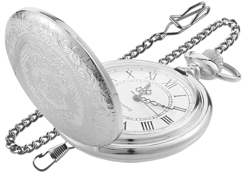 Tiong Silver Large Flower Pocket Watch - White Roman Quartz Chain
