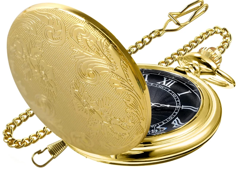 Tiong Gold Carved Flower Quartz Pocket Watch with Chain