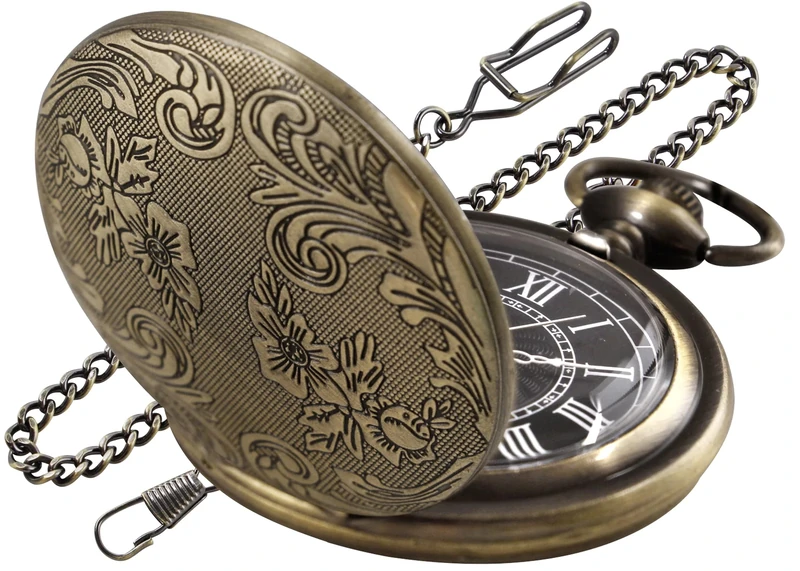 Tiong Both Sides Bronze Carved Flower Quartz Pocket Watch Quartz Movement,Quartz Pocket Watches with Chain Clip for Men