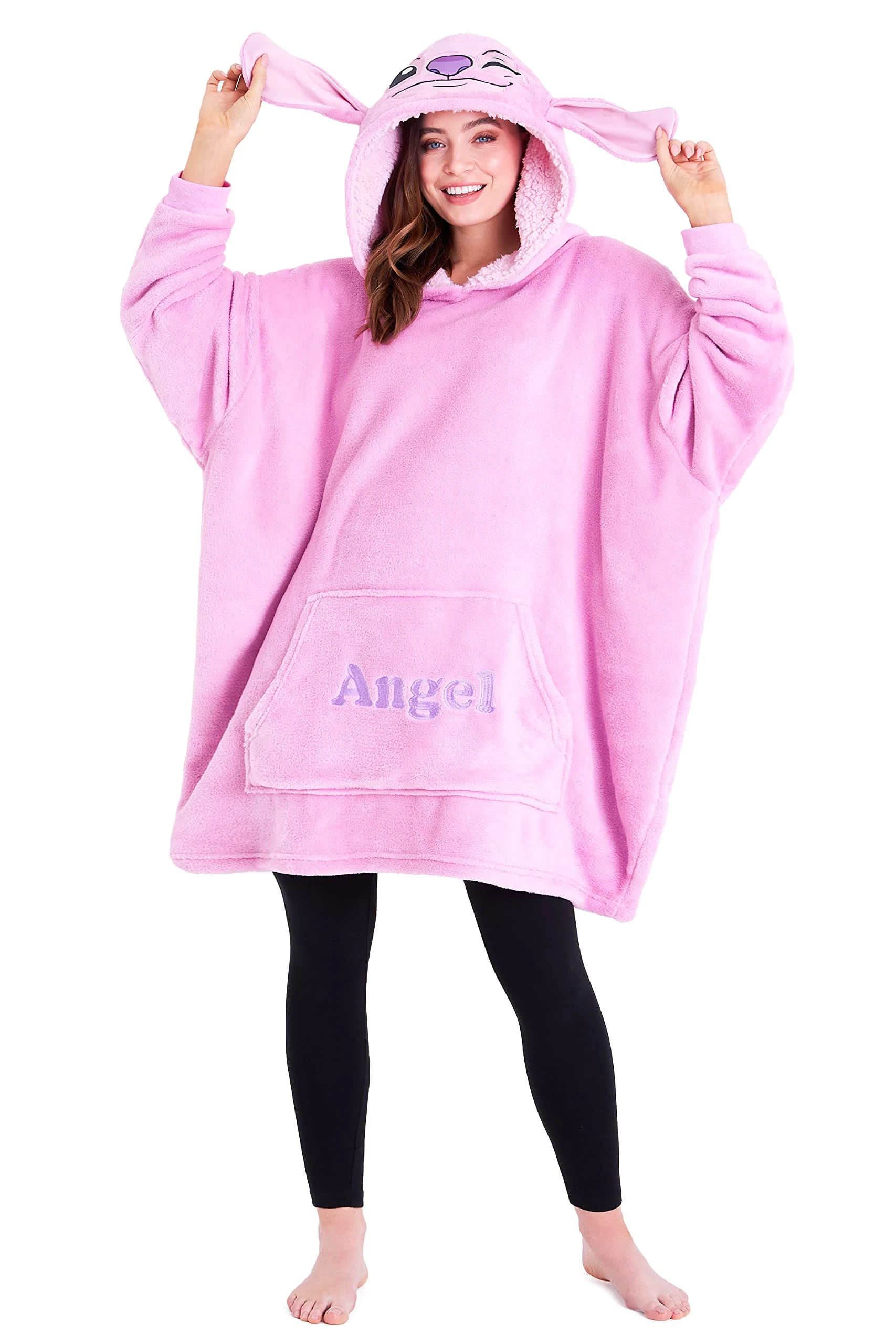 Disney Stitch Hoodie Blanket for Women Teenagers Fleece Wearable Blanket Warm Cosy Oversized Hoodie with Sherpa Hood Loungewear Stitch Gifts for Her (Pink Angel)