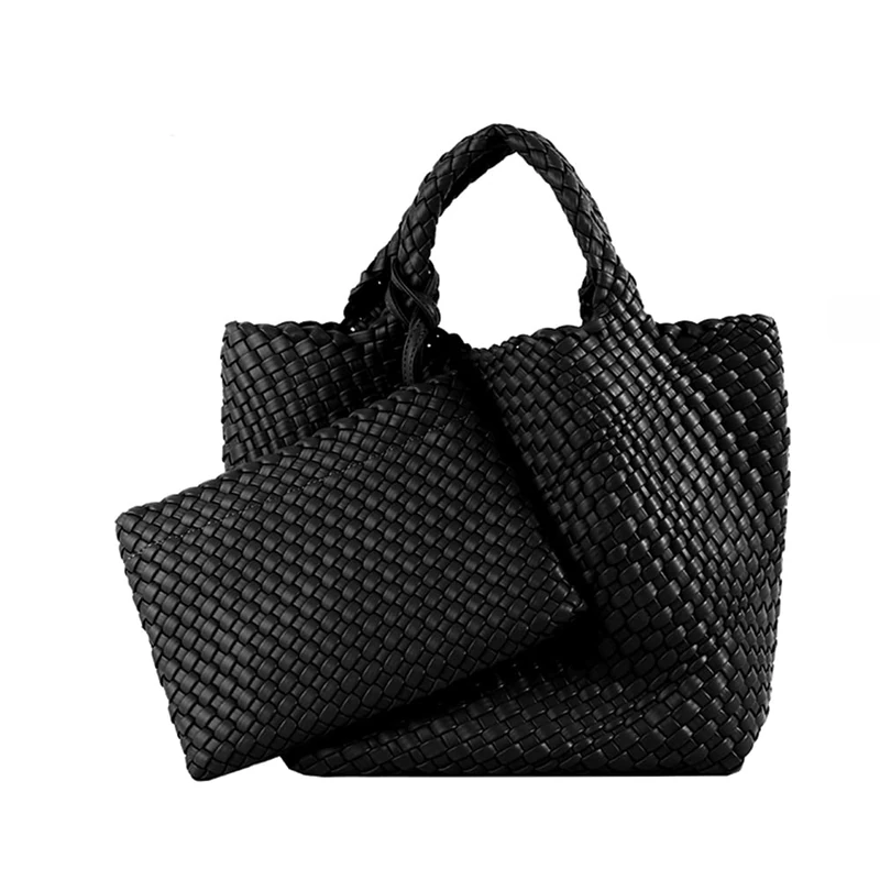 LMKIDS Woven Tote Bag, Women Macaron Soft Leather Weave Handbag Purse Wrist Bag Large Capacity Work Shopping Travel Daily, Black