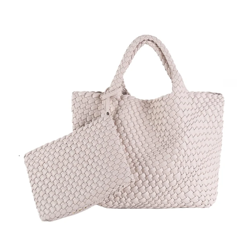 LMKIDS Woven Tote Bag, Women Macaron Soft Leather Weave Handbag Purse Wrist Bag Large Capacity Work Shopping Travel Daily, Beige
