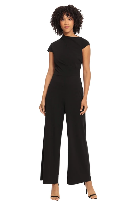 Maggy London Women's Dresses High Jumpsuit Workwear Office Occasion Event Guest, Cap Sleeve Asymmetric Neck-Black, 16