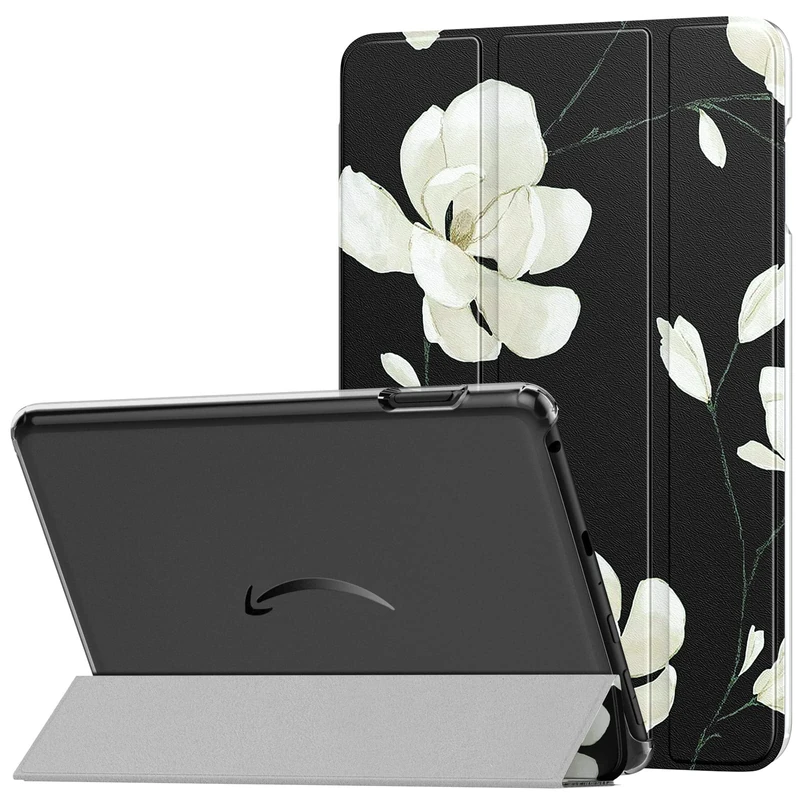 MoKo Case Fits All-New Amazon Fire HD 8 & 8 Plus Tablet (12/10th Gen, 2024/2022/2020)8",PU Leather Trifold Stand Cover with Translucent Frosted Backshell with Auto Wake/Sleep, Black & White Magnolia