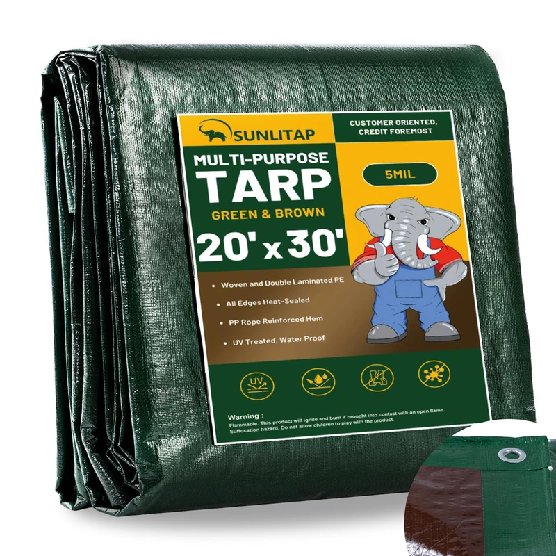 SUNLITAP 20x30Ft Tarp Cover 5 MIL Waterproof Poly Tarps, Light Duty Tarpaulin with Grommets, Reinforced Edges, Rip & Tear Proof, Multipurpose Finished Size Tarp for Cars, Boat, Roof, Camping - Green