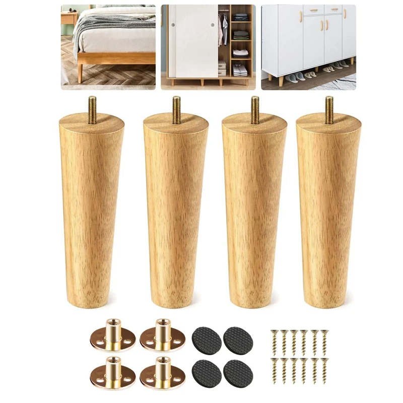 Eidoct Solid Wood Furniture Legs - Cabinet, Table, Chair & Dresser Replacement Legs with Rubber Protection Pad & Pre-Drilled M8 Bolts (6" / 15cm)