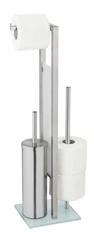WENKO Rivalta Toilet Brush and Replacement Roll Holder Stainless Steel with White Safety Glass Panels Matt Silver