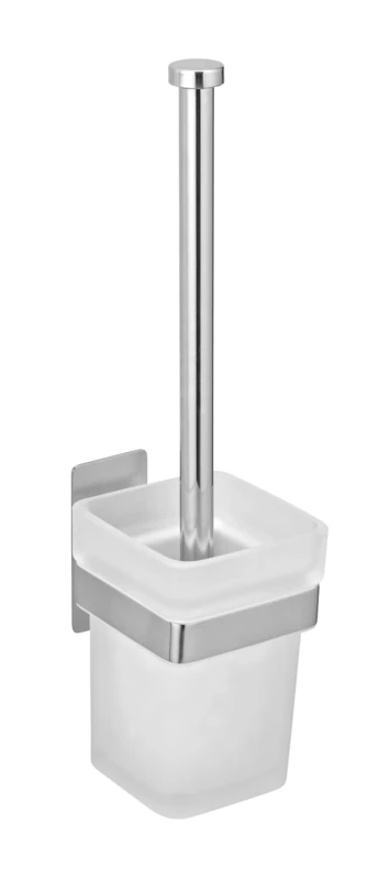 WENKO Turbo-Loc Genova Shine Toilet Brush Set, Stainless Steel Wall Holder for Attaching No Drilling with Adhesive Pad System, Satin Glass Container Including Toilet Brush, 9 x 35 x 10.6 cm, Glossy