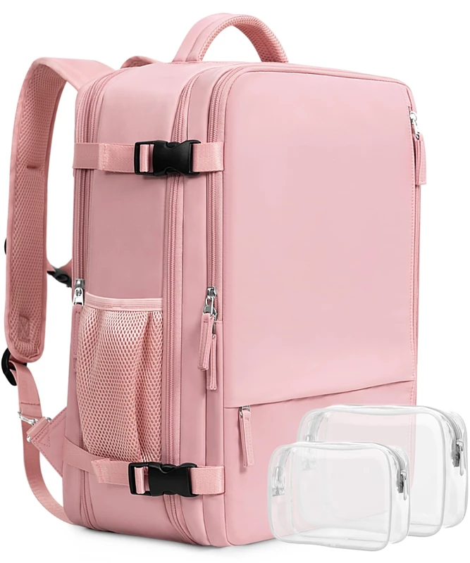 Beraliy Large Travel Backpack for Women, Carry On Backpack with USB Charging Port, Expandable Airline Airplane Flight Approved Weekender Backpack, Pink, Travel Backpack