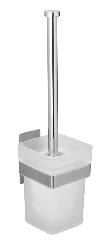 WENKO Turbo-Loc Genova Matte Toilet Brush and Holder Stainless Steel Wall Bracket for Attaching No Drilling Required with Removable Frosted Glass Container Including Toilet Brush 9 x 35 x 10.6 cm (W x